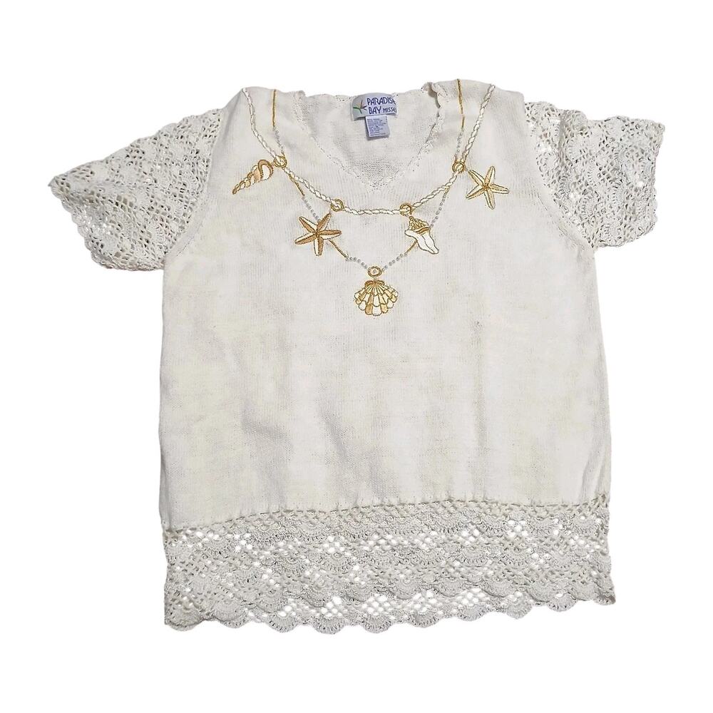 Paradise Bay Misses‎ Top M Knit Crochet Trim Seashell Starfish Beachy Nautical